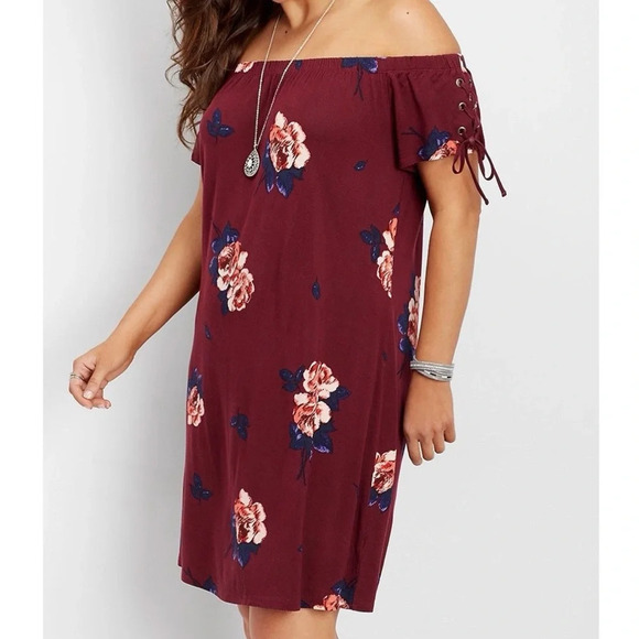 Maurices Dark Red Rosy Floral Print Off the Shoulder Shift Dress Xsmall Women’s - Picture 1 of 12